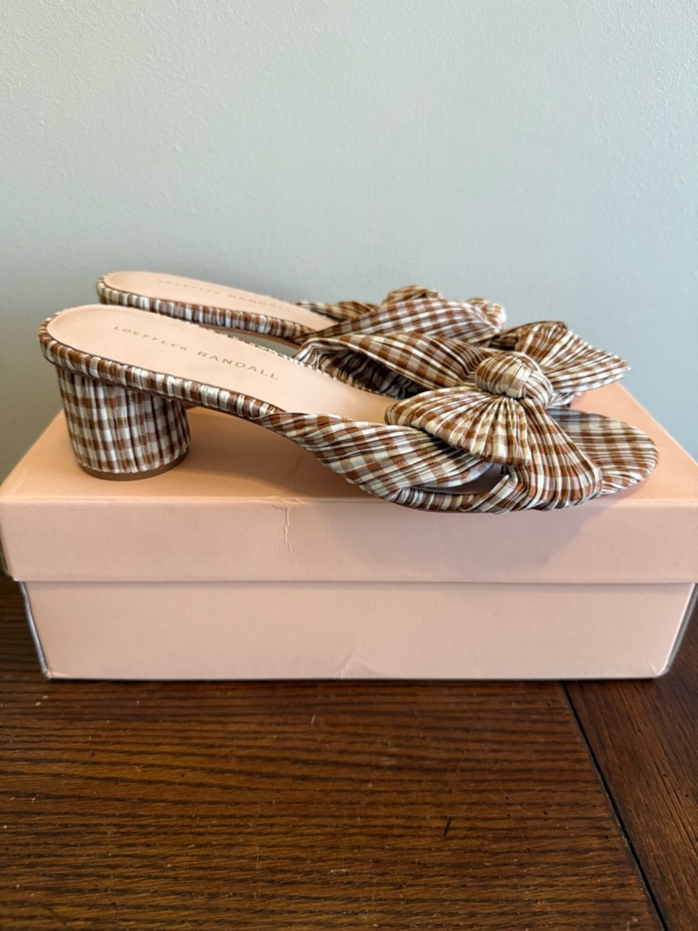 Loeffler Randall Gingham Bow Block Heel Slide - Brown/White - Picture 3 of 8
